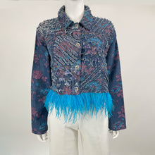 Load image into Gallery viewer, 1:1 Feather-trimmed Floral Denim Jacket - Size L
